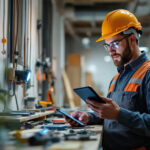 A photograph of a lighting contractor efficiently using the lightinh app on a tablet or smartphone at a job site