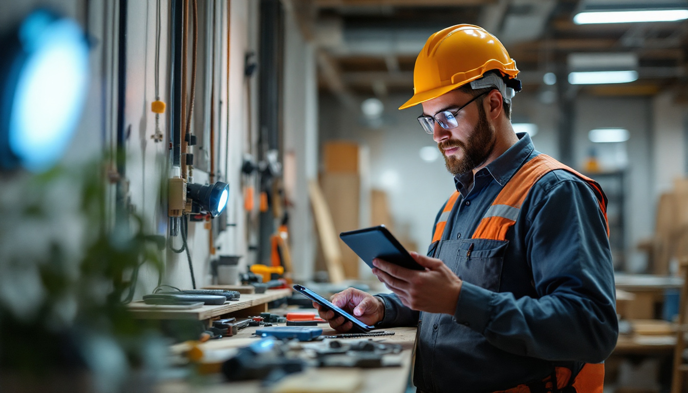 A photograph of a lighting contractor efficiently using the lightinh app on a tablet or smartphone at a job site