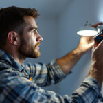 A photograph of a lighting contractor at work