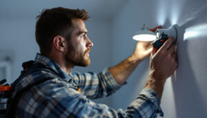 A photograph of a lighting contractor at work