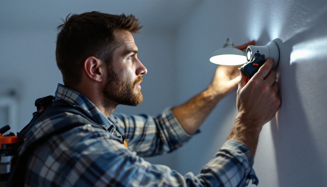 A photograph of a lighting contractor at work
