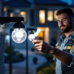 A photograph of a lighting contractor installing solar lights in a residential setting