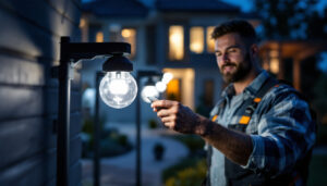 A photograph of a lighting contractor installing solar lights in a residential setting