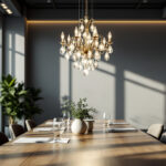 A photograph of a sleek and modern office space featuring an elegant chandelier that highlights both its aesthetic appeal and functional lighting