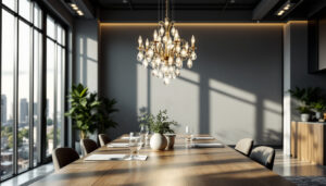 A photograph of a sleek and modern office space featuring an elegant chandelier that highlights both its aesthetic appeal and functional lighting