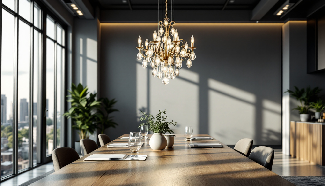 A photograph of a sleek and modern office space featuring an elegant chandelier that highlights both its aesthetic appeal and functional lighting