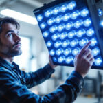 A photograph of a lighting contractor examining a modern 19-bulb fixture in a well-lit workspace