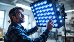 A photograph of a lighting contractor examining a modern 19-bulb fixture in a well-lit workspace