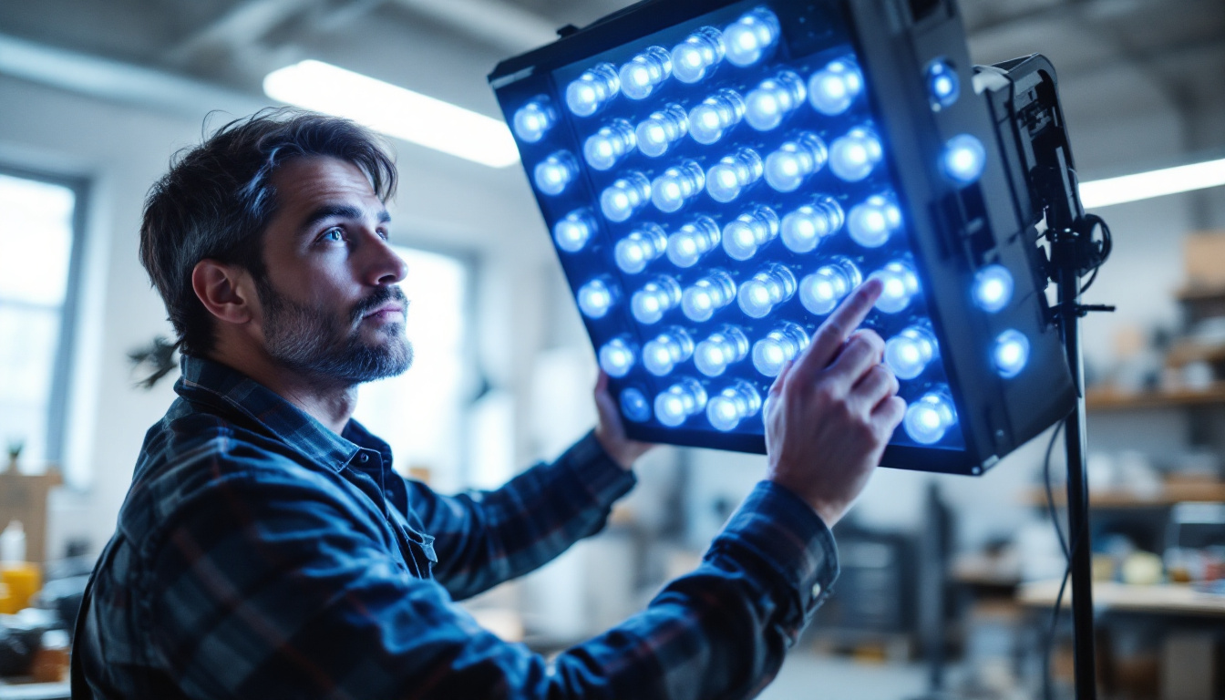 A photograph of a lighting contractor examining a modern 19-bulb fixture in a well-lit workspace