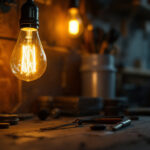 A photograph of a vintage-style light bulb glowing warmly in a dimly lit workshop