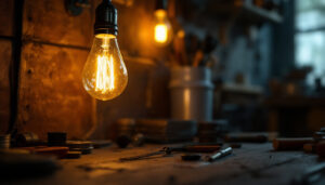 A photograph of a vintage-style light bulb glowing warmly in a dimly lit workshop