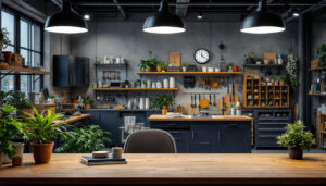 A photograph of a well-lit workshop or retail space showcasing the 4 light led shop lights in action
