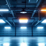 A photograph of a modern garage interior showcasing bright led ceiling lights illuminating the space