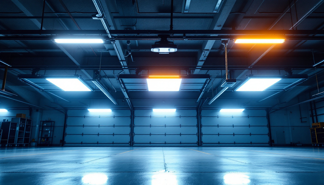 A photograph of a modern garage interior showcasing bright led ceiling lights illuminating the space