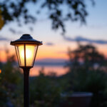 A photograph of a stylish solar lamp illuminating a cozy outdoor setting during twilight