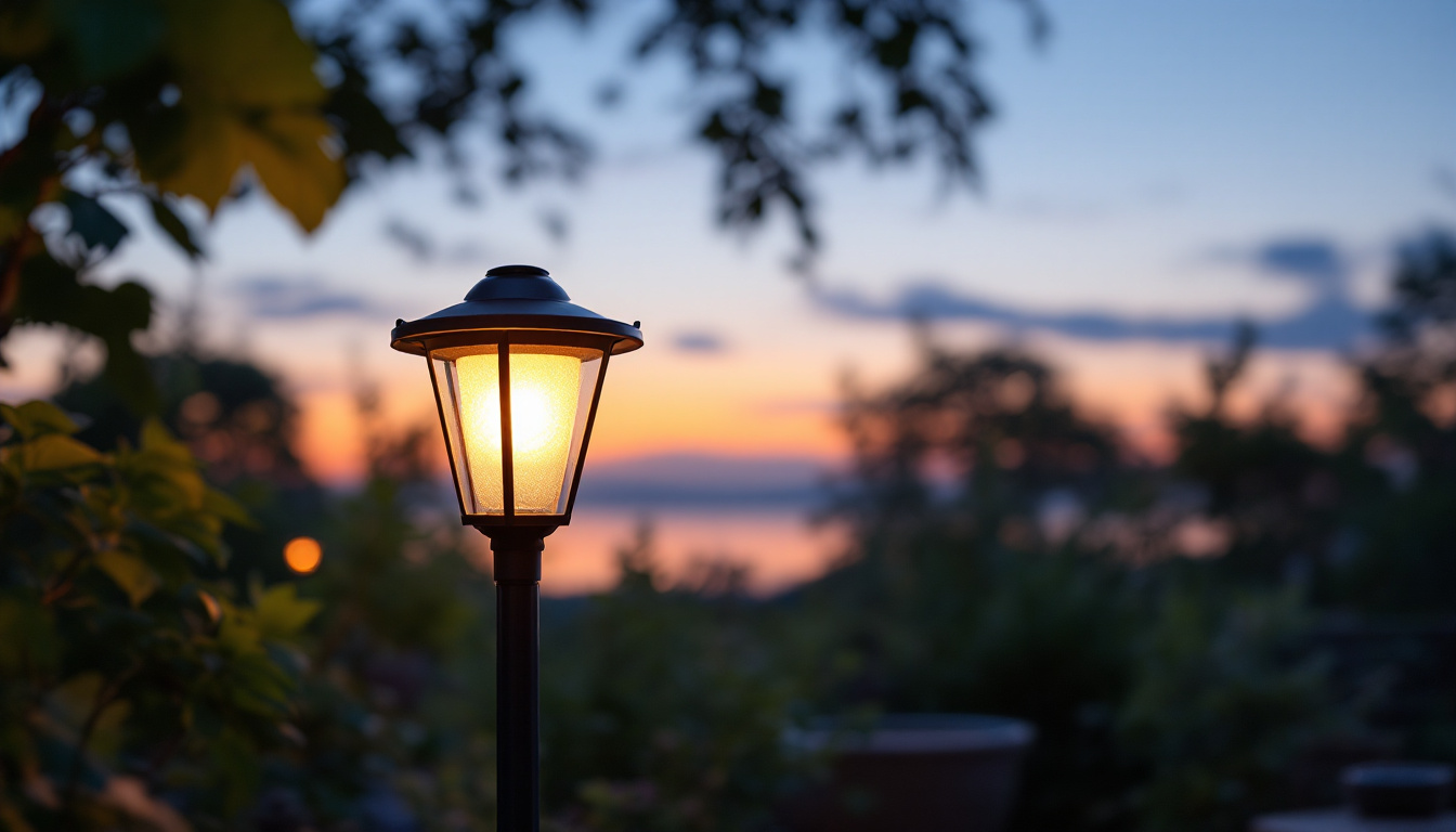A photograph of a stylish solar lamp illuminating a cozy outdoor setting during twilight