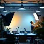 A photograph of a well-lit workspace featuring a lighting contractor adjusting various light fixtures
