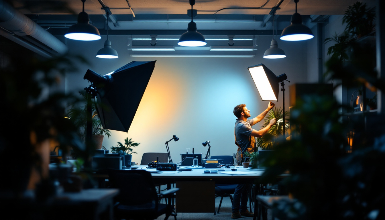 A photograph of a well-lit workspace featuring a lighting contractor adjusting various light fixtures
