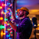 A photograph of a lighting contractor in action
