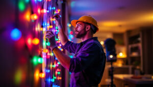 A photograph of a lighting contractor in action