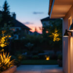 A photograph of a well-lit outdoor space at dusk featuring various outdoor light fixtures equipped with light sensors