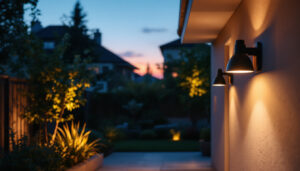 A photograph of a well-lit outdoor space at dusk featuring various outdoor light fixtures equipped with light sensors