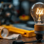 A photograph of a close-up shot of a light bulb with electric tape wrapped around its base