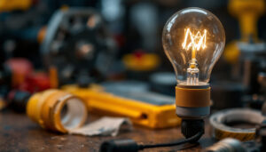 A photograph of a close-up shot of a light bulb with electric tape wrapped around its base