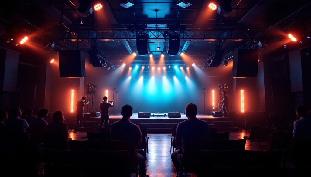 A photograph of a well-lit venue showcasing various lighting setups