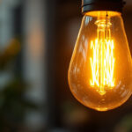 A photograph of a close-up shot of a glowing led light bulb in a modern setting