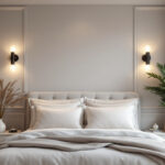 A photograph of a beautifully designed bedroom featuring stylish sconce lights illuminating the space