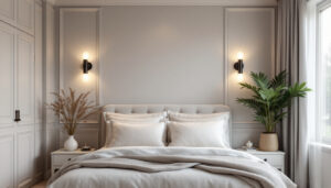 A photograph of a beautifully designed bedroom featuring stylish sconce lights illuminating the space