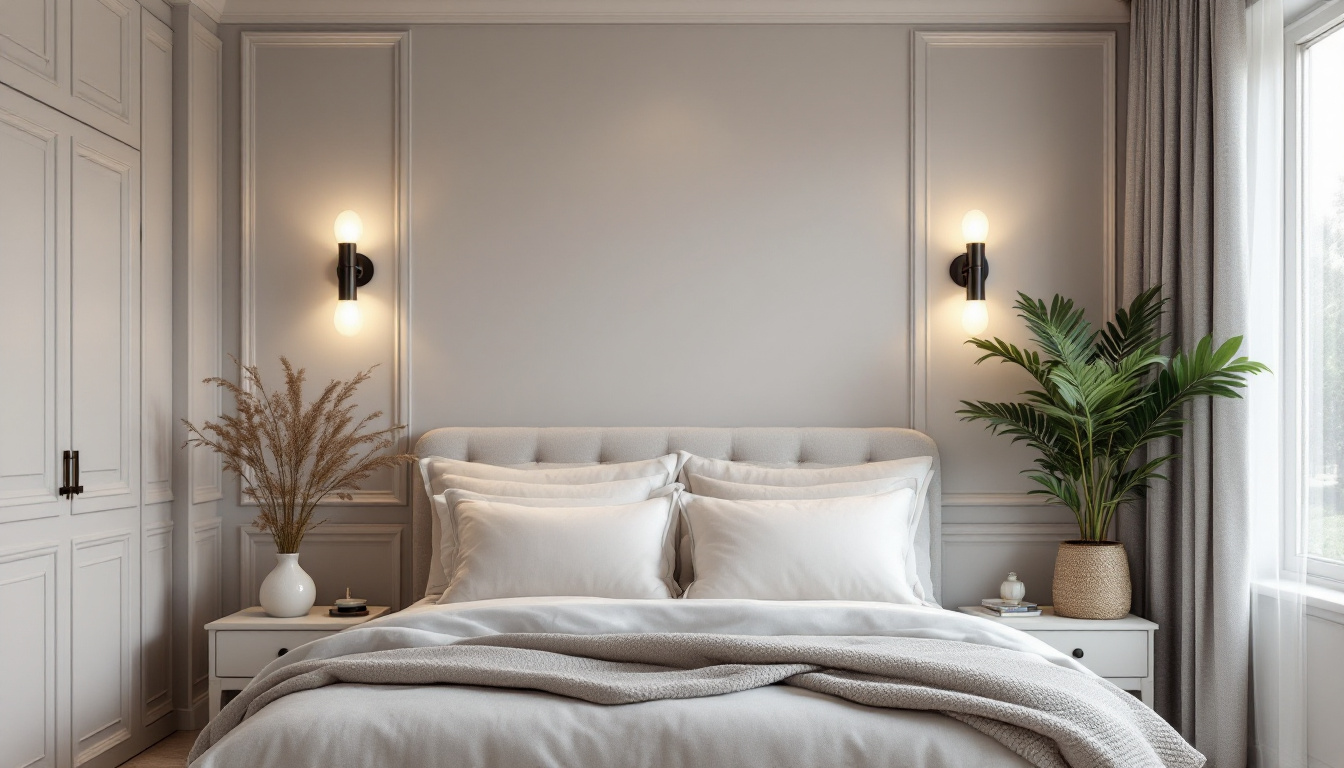 A photograph of a beautifully designed bedroom featuring stylish sconce lights illuminating the space