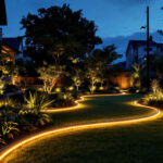 A photograph of a well-lit outdoor space featuring vibrant led light strips powered by solar energy