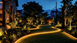A photograph of a well-lit outdoor space featuring vibrant led light strips powered by solar energy
