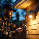 A photograph of a lighting contractor installing an outdoor motion sensor light in a residential setting during dusk