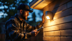 A photograph of a lighting contractor installing an outdoor motion sensor light in a residential setting during dusk