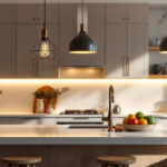 A photograph of a beautifully designed kitchen island illuminated by stylish pendant lights