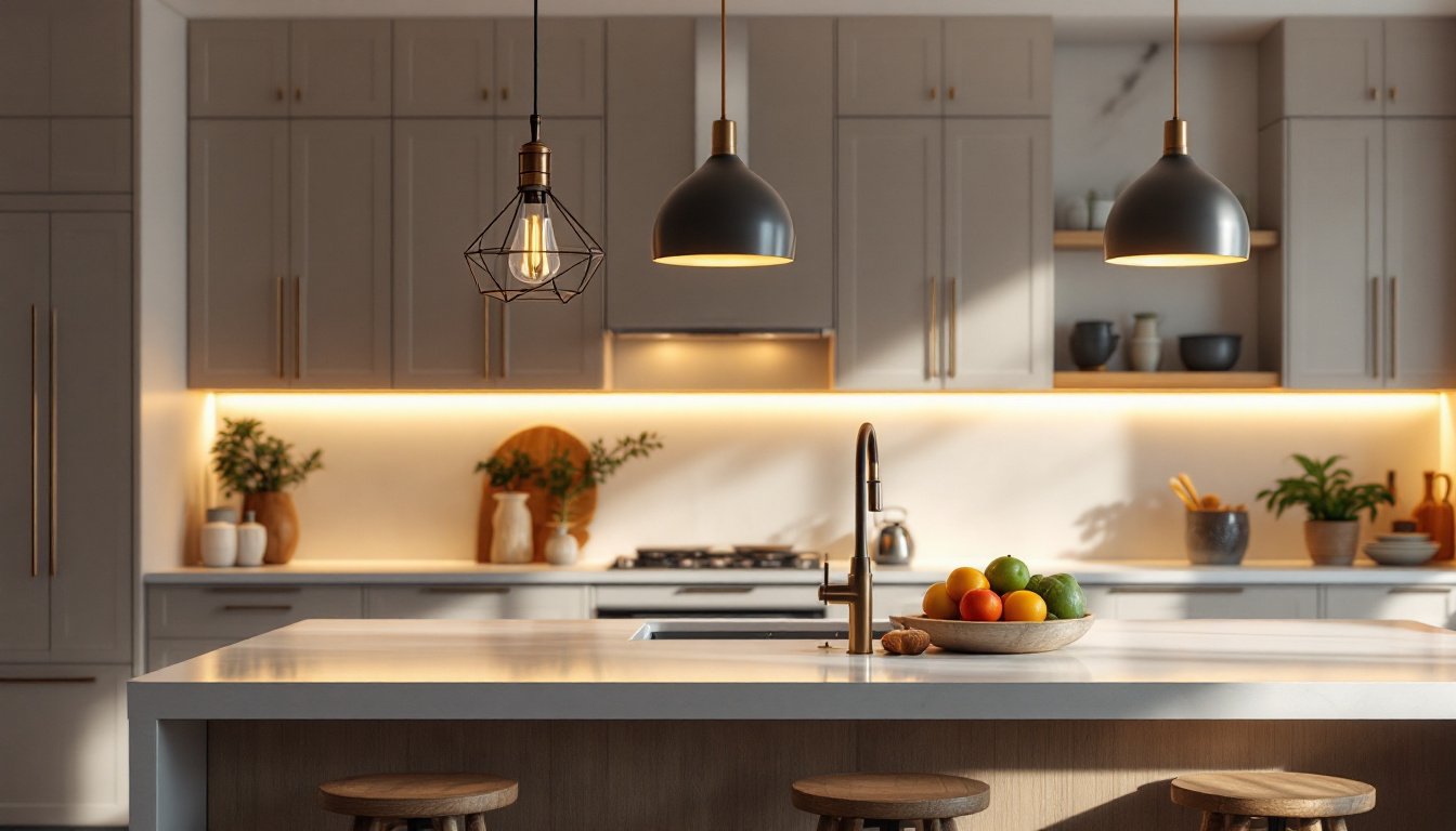 A photograph of a beautifully designed kitchen island illuminated by stylish pendant lights