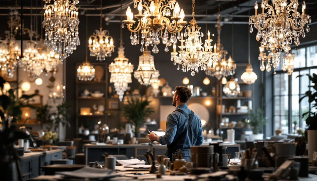 A photograph of a well-lit chandelier showroom featuring a variety of elegant chandeliers