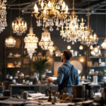 A photograph of a well-lit chandelier showroom featuring a variety of elegant chandeliers