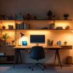 A photograph of a well-designed study room featuring a variety of lighting options