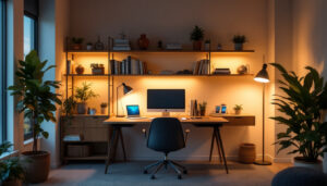 A photograph of a well-designed study room featuring a variety of lighting options