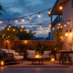 A photograph of a beautifully lit patio at dusk