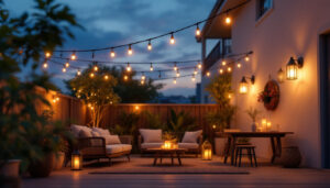 A photograph of a beautifully lit patio at dusk