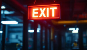 A photograph of a well-lit exit sign in a commercial or industrial setting