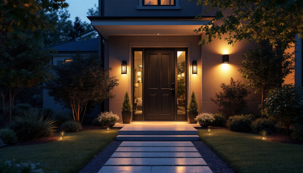 A photograph of capture a photograph of an elegantly lit front door at dusk