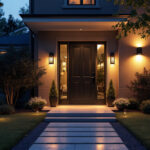 A photograph of capture a photograph of an elegantly lit front door at dusk
