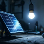 A photograph of a solar light being illuminated by a bright light bulb in a dimly lit environment
