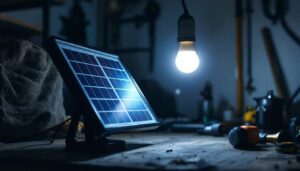 A photograph of a solar light being illuminated by a bright light bulb in a dimly lit environment